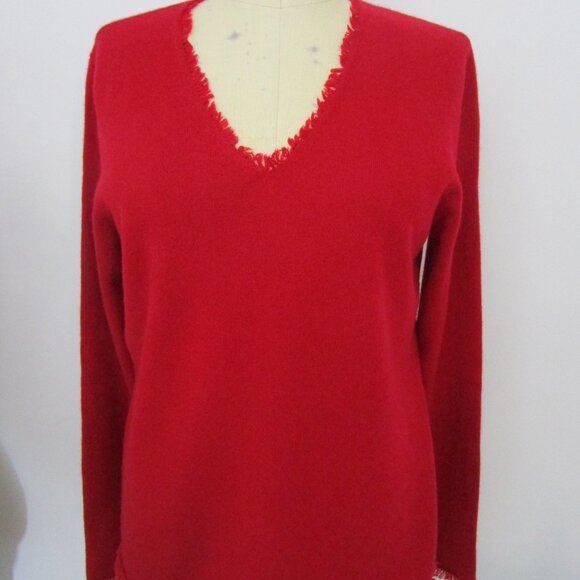 Fringe CASHMERE Pullover Sweater V Neck Red Peck Cuddly Knit Luxury - Picture 3 of 12